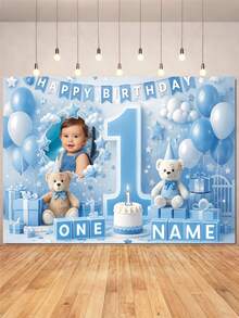 Customizable Name & Photo Blue 1st Birthday Teddy Bear Backdrop, Birthday Cake Cloud Flag Decor Design, Personalized 1st Birthday, Baby Shower Party Background, Photography Banner Prop, Vinyl Material - Light Blue - View 3