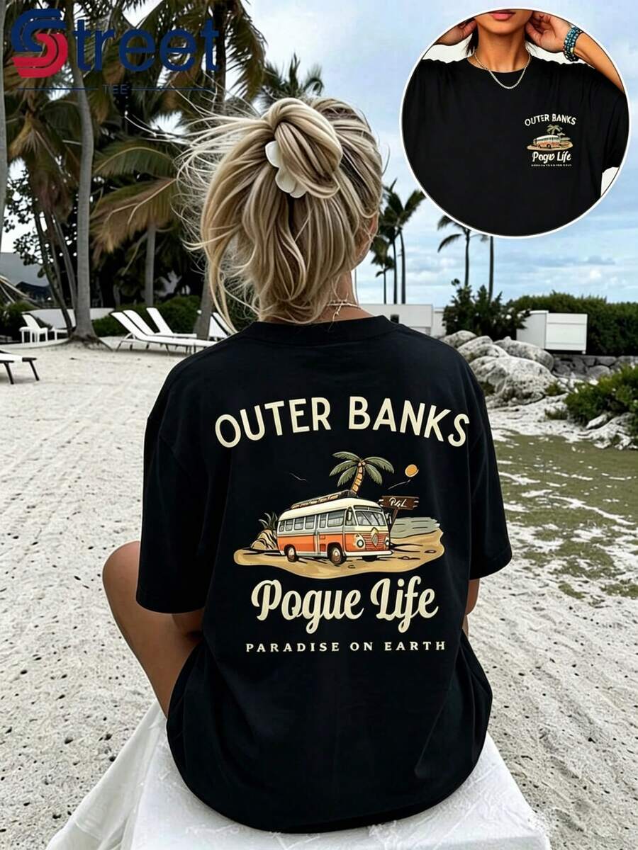 Free Shipping, Cotton T-Shirt With Bus Print, European And American Retro Style, Loose Short Sleeve, Beach Vacation Style, Breathable Summer Casual Wear, Party Outfit, Fashionable Printed Design, Soft Texture, Must-Have For Enthusiasts. 2026-Cute Clothes, Concert Outfits, Women's Summer Dresses - 黑色 - 查看 1