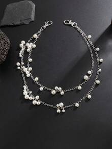 1pc Men's Retro Casual Fashion Minimalist Multi-Layer Faux Pearl Pendant Pants Chain, Men's Hip Hop Style Pants Accessory, Suitable For Daily Wear With Various Pants - Silver - View 5
