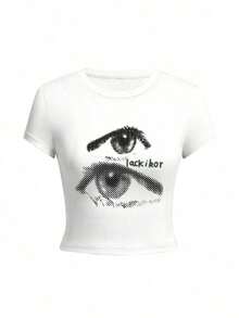 Playera ombliguera cuello redondo manga corta para mujer, modelo nuevo verano con estampado de ojos y letras, corte ajustado super a la moda, estilo casual juvenil ideal para uso diario y salidas FIH3 - Blanco - Ver 7