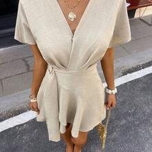 Relaxed Fit V-Neck Wrap Mini Dress With Belt For Women Casual Summer Vacation,Linen Blend Batwing Sleeve Mini Wrap Dress, Casual Beach Holiday Sundress, Tie Front Dress, Beige Dress, Linen Dress, Vacation Dress, Wrap Dress, Birthday Dress, Beige Dress For Women, Front Tie Dress, Creme Dress, Brunch Dress, Short Sleeve Dress Cream Dress - Negro - Ver 4