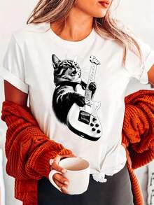 Camiseta Divertida para Mujer con Estampado de Gato Jugando la Guitarra - Diseño de Gatito y Guitarra, Manga Corta, Cuello Redondo, Ropa Casual de Verano y Primavera, Prenda para Amantes de la Música y las Mascotas - Negro - Ver 6