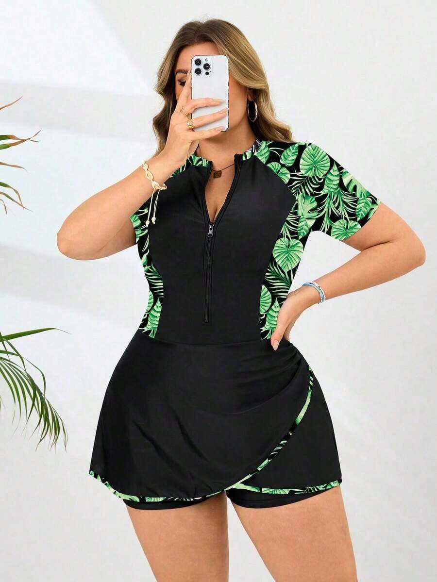 Swim  Nuevo traje de baño de una pieza elegante, traje de baño informal con estampado de hojas para mujeres de talla grande, traje de baño de una pieza para mujeres de talla grande, conjunto de shorts de dos piezas para mujeres de talla grande, traje de baño de una pieza para mujeres con curvas, conjunto de shorts para mujeres con curvas - Multicolor - Ver 1