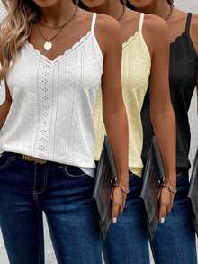 3 piezas Camiseta de mujer de verano casual con encaje calado y textura de punto, top de verano para mujer, top de verano bohemio, top de verano para mujer, top de verano con cuello en V, top de encaje para mujer - Multicolor 4 - Ver 6