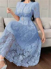 Vestido elegante de encaje de alta calidad con cintura ajustable, bordado, de estilo coreano suave y elegante - Azul - Ver 6
