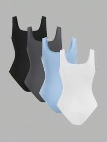 Set de 4 piezas de body ajustado de mujer de varios colores, adecuado para usar de manera casual en verano - Multicolor 5 - Ver 2