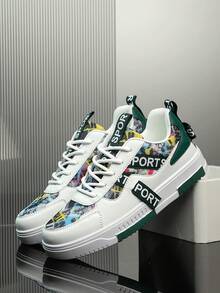Men's Multi-Color Random Print Patchwork Lace-Up Casual Sneakers, Niche Letter Ribbon Design Everyday Commute Sports Skateboard Shoes - White and green - View 3