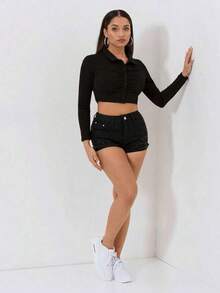 PETITE Shorts mezclilla desgarro bajo crudo - Negro 2 - Ver 4