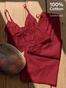 2 piezas de top de tirantes y pantalones de lino de verano para mujeres - Burdeos - Ver 10