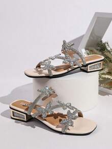 Summer New Rhinestone Butterfly Flat Sandals, Low Heel Open Toe Versatile Strap Casual Slip-On Shoes For Daily Wear - Silver - View 7
