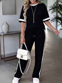 Conjunto de 2 piezas para mujer de primavera/verano, top de manga corta de cuello redondo y contraste de color casual y versátil, y pantalones rectos de cintura alta con cordón - Negro 1 - Ver 5