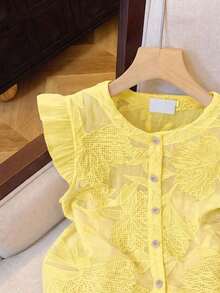 Camisa de mujer con botones y mangas cortas con bordado floral, versátil - Amarillo - Ver 3