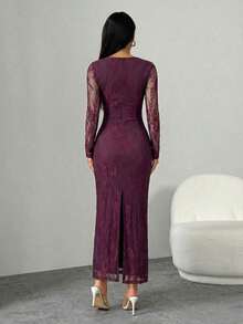 PETITE Vestido maxi negro ajustado de cuello cuadrado con copa de pecho, mangas largas de encaje con forma de S y escote sexy para fiesta de verano, cita y noche - Morado - Ver 2