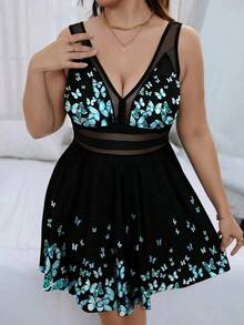 Swim Lushoire Conjunto de tankini de 2 piezas para mujer talla grande con estampado floral, cuello en V y control de abdomen para el verano - Negro 2 - Ver 5