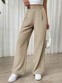 Pantalones rectos de cintura alta de color liso informal - Albaricoque - Ver 3
