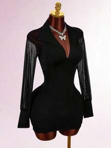 Vestido mini ajustado con cuello en V blanco, cintura ceñida, para mujer, estilo romántico de primavera - Negro - Ver 10
