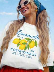 Casual Camisole With A Fresh Summer Lemon Slice Print. Women's Summer T-Shirts, Printed, Loose And Lightweight. Suitable As A Gift. Women's T-Shirt. Blouses > Elegant. Boho Chic. Soft, Breathable And Comfortable Women's Top, Ideal For Spring, Summer And Autumn, Perfect For Vacations, Travel And Everyday Wear. - 白色 3 - 查看 7