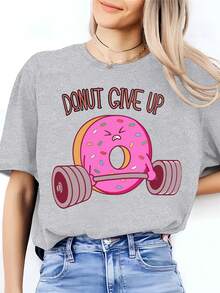 Camiseta Casual de Verano con Estampado de Donut "Donut No Te Rindas" - Gris - Ver 1