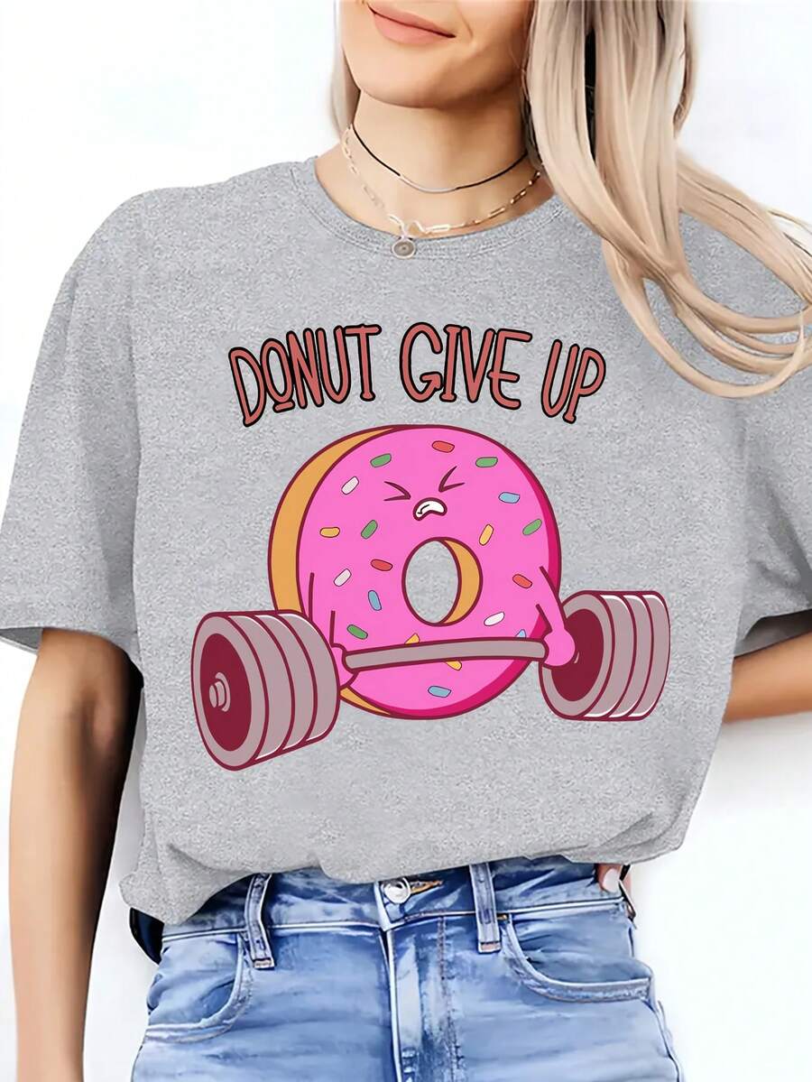 Camiseta Casual de Verano con Estampado de Donut "Donut No Te Rindas" - Gris - Ver 1