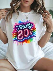 1 Piece 80s Style Rainbow Neon T-Shirt, Retro Party Clothes For Women, 1980s Theme Costume, Festival Outfit, Fun Vintage Style Top, 180g, 100% Cotton. - 白色 - 查看 7