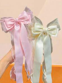 1/5pcs Set Style Satin Chiffon Bow Ribbon Hair Clips, Bowknot Hair Clips With Flowing Ribbons - Multicolor - View 4