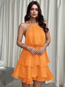 Vestido de vuelo con cuello halter, espalda descubierta y dobladillo con volantes de organza blanco, elegante y romántico para el Día de San Valentín - Vestido de muñeca de fantasía - Naranja - Ver 4