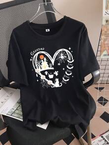 Camiseta manga corta cuello redondo 100% algodón, estampado trendy, tejido ligero y ventilado, estilo moda casual, apta para vida diaria, salidas informales y citas en primavera, verano y otoño - Negro - Ver 7