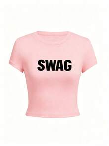 Playera cuello redondo manga corta para mujer, estilo chica guapa , estampado de letras nuevo verano, corte ajustado ombliguero muy lindo, estilo casual juvenil ideal para uso diario, salidas y looks modernos I3ZX - Rosa - Ver 5