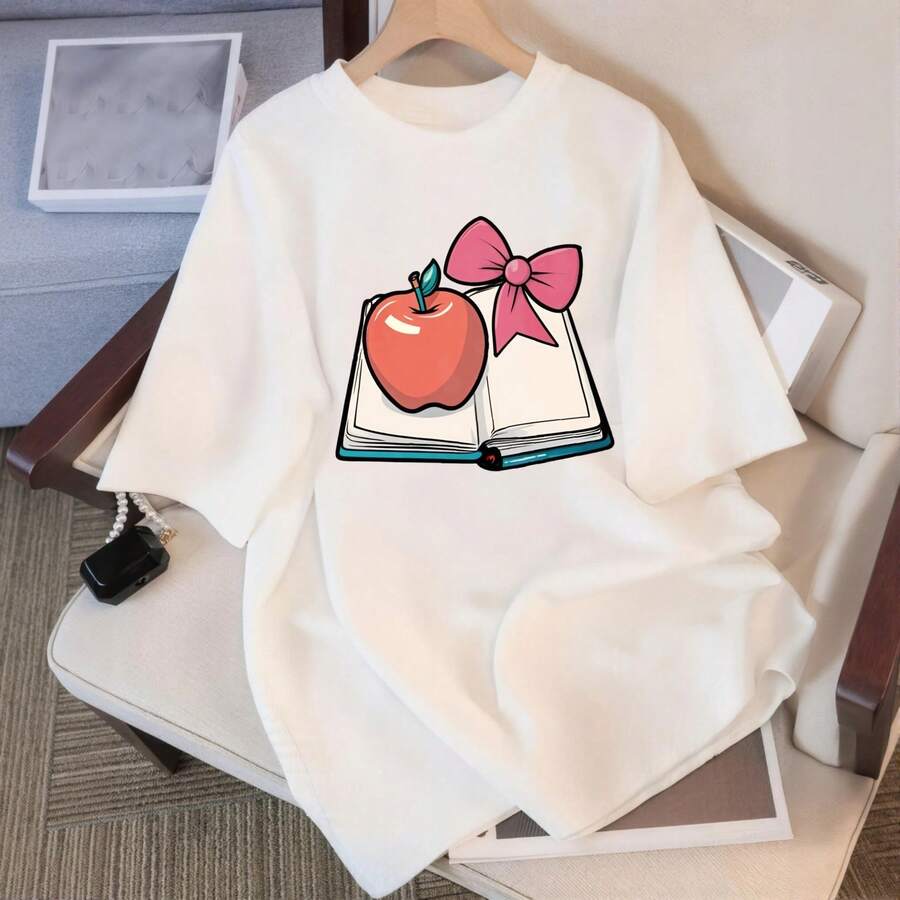 Playera Mujer Cuello Redondo 100% Algodón Estampado de Manzana y Libro con Lazo Rosa Uso Diario Casual Tela Elástica Resistente al Desvanecimiento Top Casual de Uso Diario|Top de Moda Femenino - Blanco - Ver 1