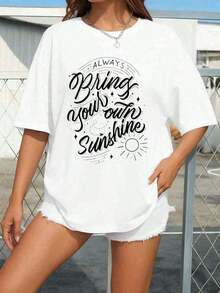 ropa de mujer Camiseta de Mujer de Tejido Grueso, Blanca Minimalista con Estampado Gráfico 'Bring Your Own Sunshine', Manga Corta, Cuello Redondo, Ropa Casual de Playa - Tops de Verano, Camiseta con Estampado Gráfico Simple, Regalo Casual para el Día de la Madre, Camisetas con Estampados Gráficos, Camisetas Occidentales, Ropa para Hombre, Camisas para Hombre, Camisetas Gráficas, Ropa de Mujer, Tops de Verano, Ropa de Verano, Camisetas Gráficas, camisas de mujer - Blanco - Ver 6