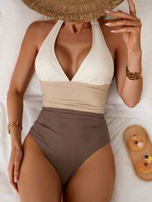 Traje de baño de una pieza con control de abdomen, estilo minimalista de unicolor, con escote halter y espalda descubierta, para vacaciones de verano en la playa - Multicolor 4 - Ver 5