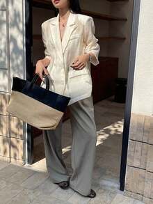 Blazer casual de manga larga con bolsillo y cierre de botones delantero liso para mujer, ropa de otoño para vestir en la oficina - Beis - Ver 2