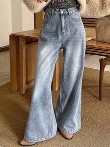 Jeans rectos de cintura alta y holgados que estilizan, minimalistas y versátiles, pantalones cómodos de longitud tobillera para mujeres - Azul - Ver 3