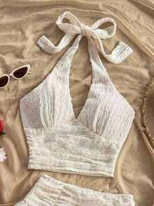 Conjunto de 2 piezas de top sin mangas ajustado con cuello en V y falda mini de doble capa acampanada en color beige texturizado, atuendo de resort - Beis - Ver 3