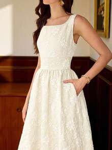 Vestido elegante sin mangas de cuello cuadrado con bolsillo de unicolor vintage para mujer, atuendo de verano, vestido de invitada de boda, vestido de regreso a la escuela, vestido de cumpleaños elegante para mujer, atuendo de cumpleaños elegante para mujer, atuendo de vacaciones para mujer, vestido elegante para mujer en otoño, ropa de mujer para vacaciones, vestido de iglesia para mujer, atuendo de iglesia para mujer, atuendo de festival para mujer, estilo de dinero antiguo, atuendo de brunch para mujer - Albaricoque - Ver 5
