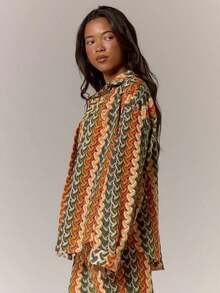 Resort Kimono de Manga Larga con Patrón Texturizado, Estilo Boho Ibiza, Lindo y Sexy, para Vacaciones de Verano, Playa, Traje de Baño, Ropa de Playa, Rayas, Otoño, Primavera, Vacaciones, Carnaval, Festival - Naranja - Ver 4