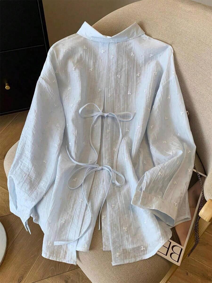 Camisa de mujer de manga larga con espalda descubierta y lazo, de estilo suelto y delgado, para primavera/verano - Niebla azul - Ver 1
