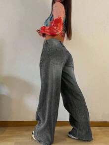 Jeans rectos holgados y apilados de estilo vintage para mujer, casuales para primavera - Gris - Ver 2