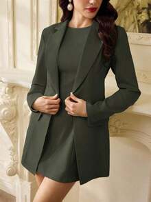 Conjunto de 2 piezas de vestido mini y blazer vintage elegante para mujer, atuendo casual de verano y primavera - Verde militar - Ver 1