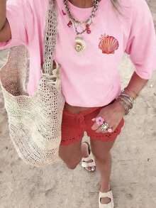 Women's Plus Size Pink "Salty Soul" Graphic Short Sleeve T-Shirt, Casual Stretch Summer Vacation Top - 羅莎 - 查看 5