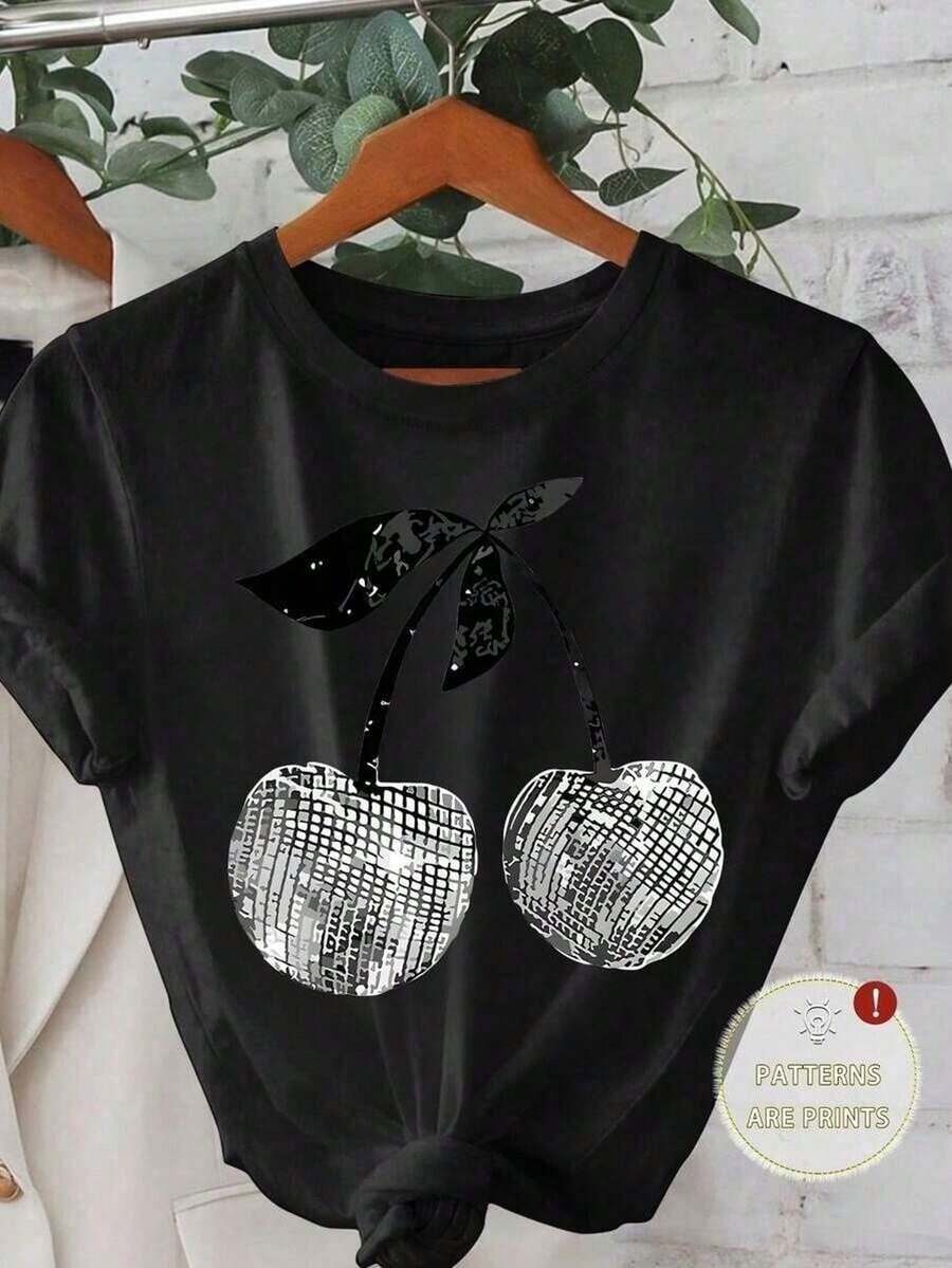 Nueva playera básica de manga corta para mujer: cuello redondo, corte holgado, estampado de cerezas de moda, tejido suave con caída perfecta y ultra combinable blusas para mujer playeras de mujer blusas casuales para dama - Negro - Ver 1
