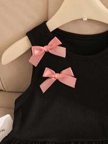 2pcs Girls Casual Outfit: Sleeveless Solid Color Top With 3D Bow Design And Elastic Waist Bow Tie Straight Leg Pants - Black - View 4