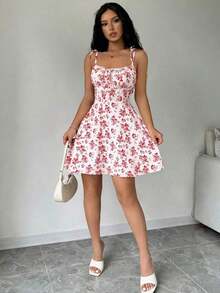 Vestido corto con tirantes finos, espalda anudada, estampado floral y pliegues para mujer - Multicolor 2 - Ver 5