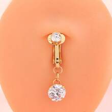 1 buah Anting Tindik Pusar Palsu Jepit Emas dengan Liontin Zirkonia, Cincin Pusar Palsu Bertabur Berlian Imitasi untuk Wanita, Cocok untuk Pakaian Musim Panas/Pesta - emas - View 1