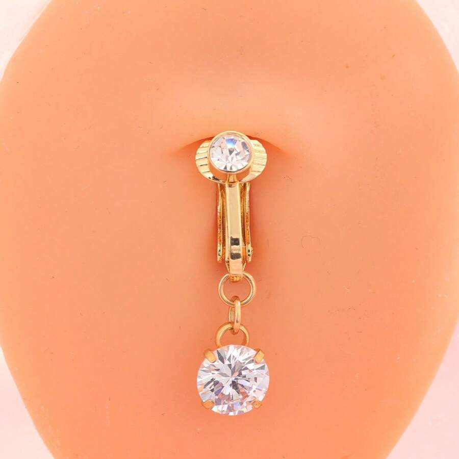 1 buah Anting Tindik Pusar Palsu Jepit Emas dengan Liontin Zirkonia, Cincin Pusar Palsu Bertabur Berlian Imitasi untuk Wanita, Cocok untuk Pakaian Musim Panas/Pesta - emas - View 1