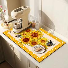 1pc Dish Drying Mat, Coffee Machine Mat, Yellow & White Polka Dot Border Sunflower & Bee Pattern Absorbent Draining Mat, Suitable For Dining Table & Cafe, Strong Water Absorption, Multi-Purpose Drainage Mat, Home Gift, Tabletop Decor - XYLSD-358 - View 3