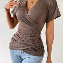 Women Summer Solid Color Pleated Slim Fit V-Neck Short Sleeve Casual T-Shirt - Negro - Ver 2