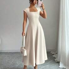Elenzya Women's Elegant Commuting, Beach, Vacation, Music Festival, Beer Festival Solid Color Square Neck Waist Tie A-Line Short Sleeve Midi Dress, Spring/Summer - Rosa - Ver 6