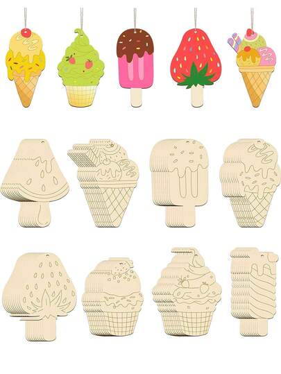16 pièces Ornements en bois d'été en forme de glace, tranches de bois non finies créatives en forme de glace, 8 styles d'ornements d'été en bois DIY, kit de peinture sur bois pour artisanat, projets artistiques et fabrication de bijoux, convient pour les mariages, anniversaires, décoration d'été, saison des remises de diplômes, fêtes à la maison