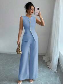 Conjunto elegante de estilo francés con botón de flor dorado para vacaciones y trabajo para mujer - Azul - Ver 1